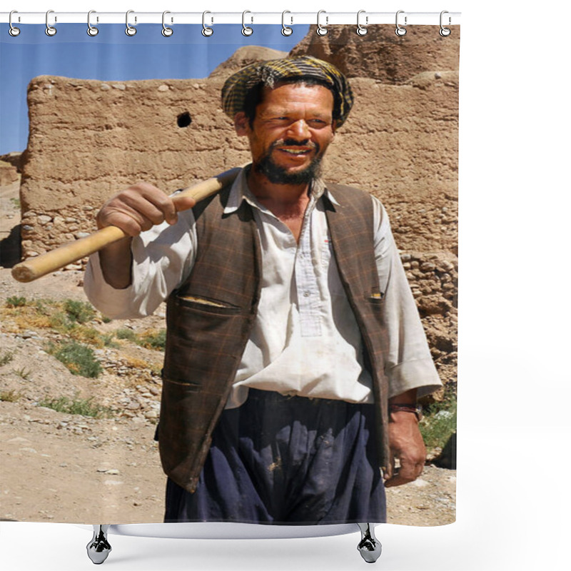 Personality  Bamyan (Bamiyan) In Central Afghanistan.  A Man Carries A Shovel As He Goes To Work In Bamyan (Bamiyan), Afghanistan. This Afghan Man Is Close To The Bamyan (Bamiyan) Buddhas, Afghanistan. Shower Curtains