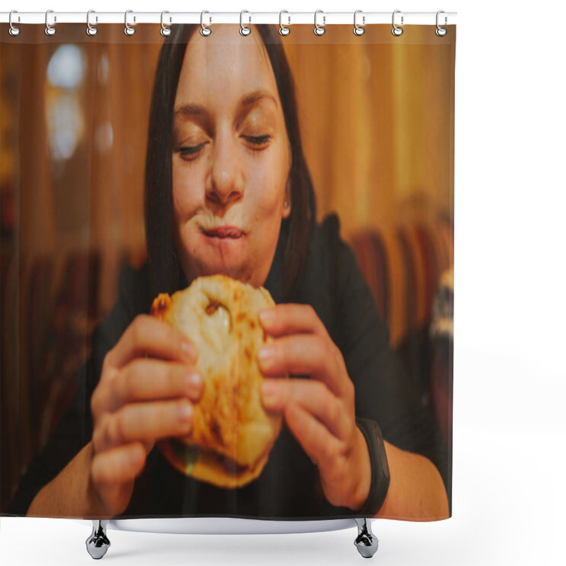 Personality  Woman Eating French Hamburger. Portrait Of Student Consume Fast Food On Table. Girl Trying To Eat Junk. Advertise Fast Food On Daek Background. Student Eats Semi-finished Products. Shower Curtains