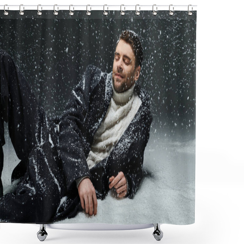 Personality  A Dashing Young Man Relaxes Gracefully In A Snowy Environment With A Peaceful Expression. Shower Curtains