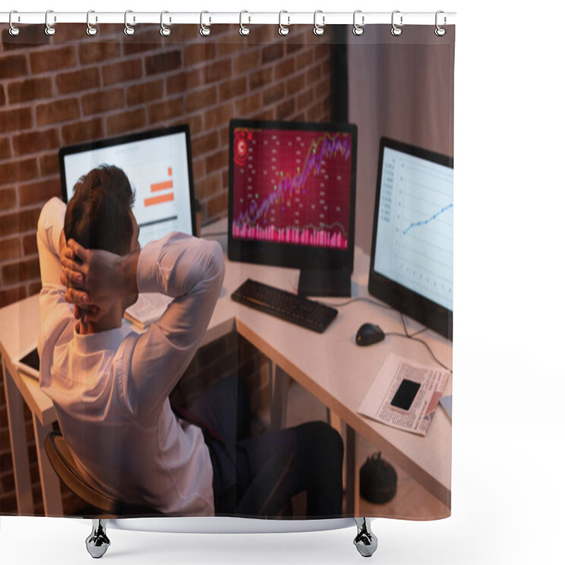 Personality  Businessman Sitting Near Computers, Newspaper And Smartphone On Blurred Background  Shower Curtains