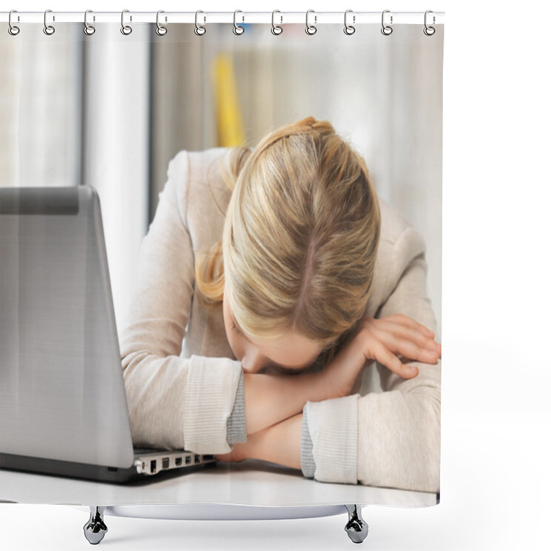 Personality  Tired Woman With Laptop Computer Shower Curtains