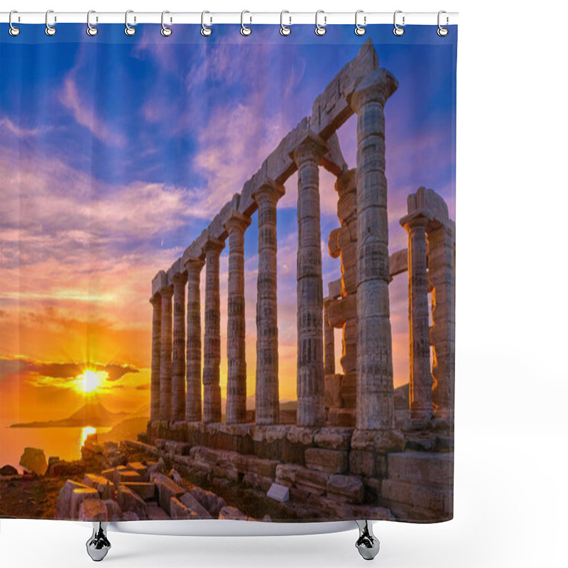 Personality  Beautiful Sunset Sky And Ancient Ruins Of Temple Of Poseidon, Cape Sounio, Aegean Sea Coast, Greece. Travel Destination Of Athens Area, Important Center Of Ancient Greek Religion For Olympian Greek Shower Curtains