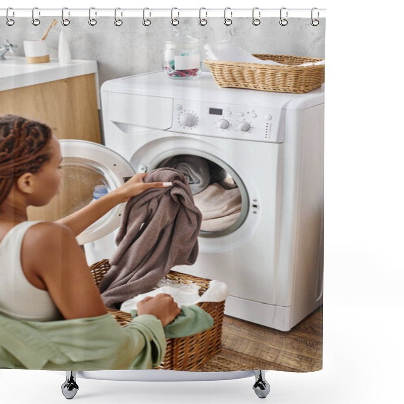 Personality  An African American Woman With Afro Braids Carefully Loads Clothes Into A Washing Machine In A Bathroom. Shower Curtains