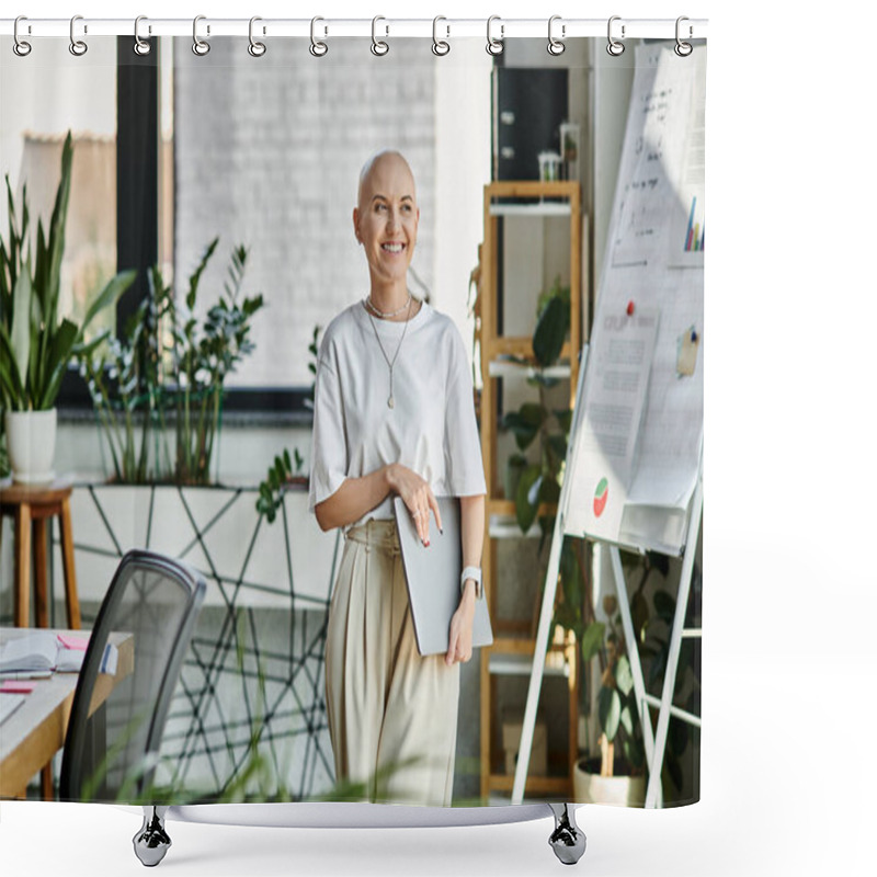 Personality  She Smiles Warmly While Holding A Tablet, Surrounded By Vibrant Greenery And A Stylish Workspace. Shower Curtains