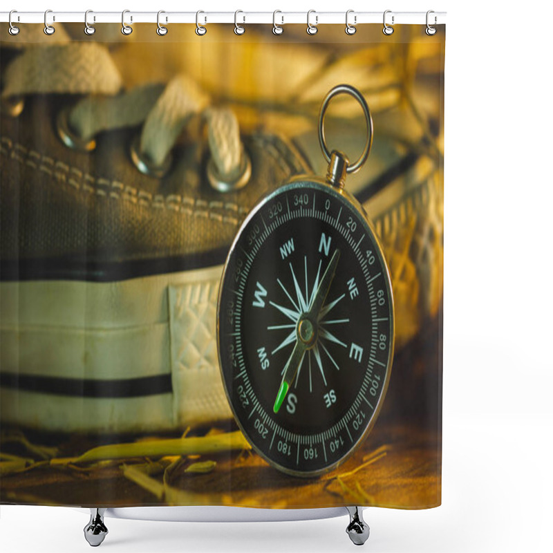 Personality  Compass And Sneakers With Pine Flowers And Dry Wheat Straw On Wooden Table In Morning Sunlight. Concept Of Adventure Tourism Or Survival In The Forest. Shower Curtains