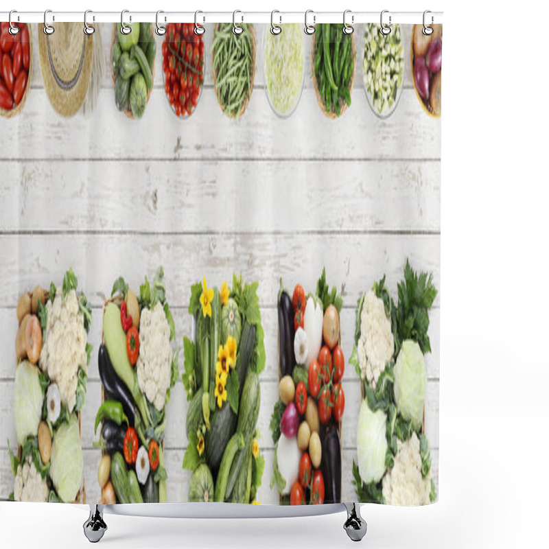 Personality  Vegetables Top View On Kitchen White Wooden Table, Web Banner Co Shower Curtains