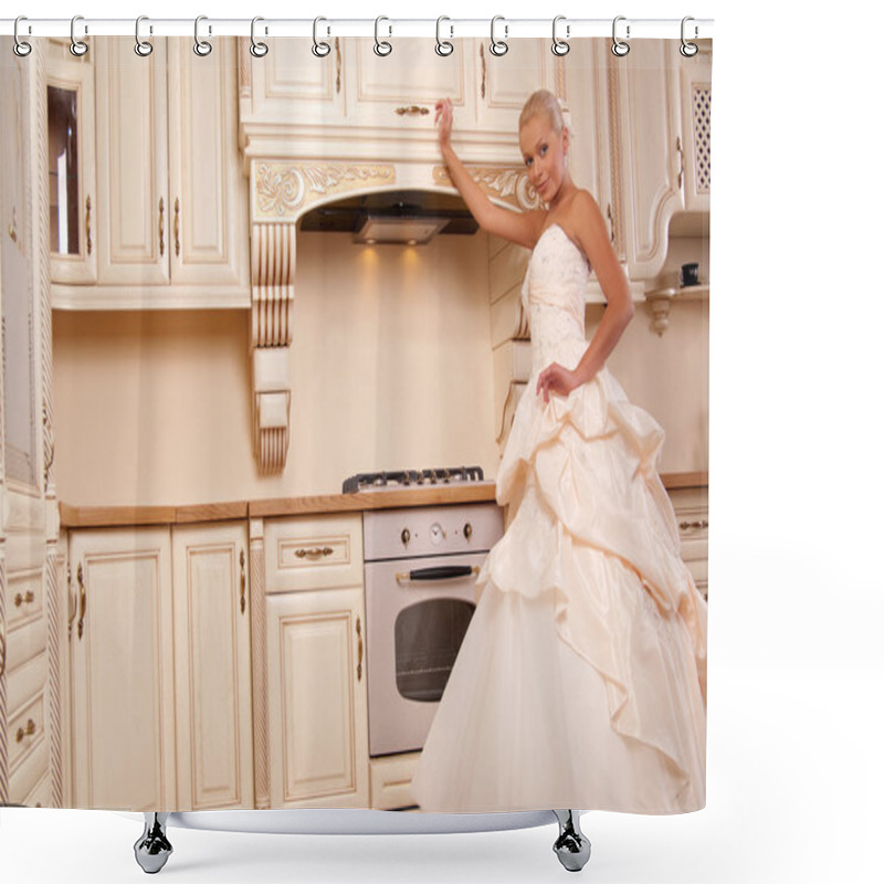 Personality  Beautiful Bride Stands In The Kitchen Shower Curtains