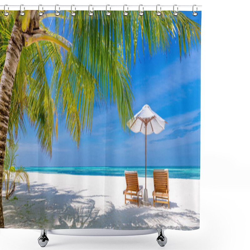 Personality  Perfect Beach. Idyllic Tropical Beach Landscape For Background Or Wallpaper. Design Of Summer Vacation Holiday Concept. Sunny Paradise Shore, Coast With Two Beach Chairs Or Beds. Leisure Carefree Shower Curtains