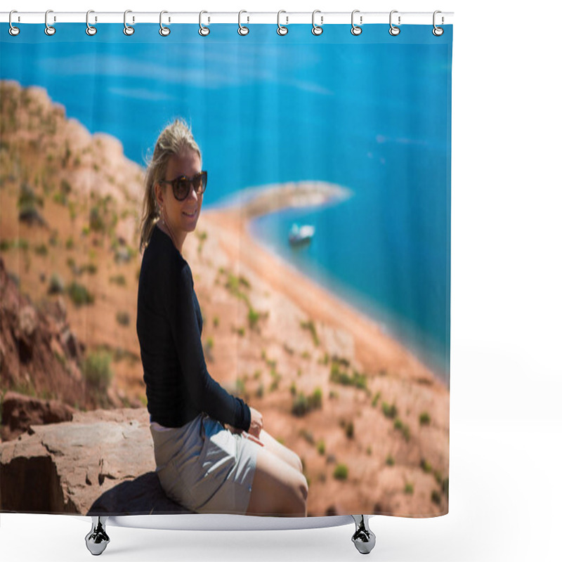 Personality  Beautiful Young Tourist Woman Watching Lake Powell Amazing Panorama. Famous Touristic Places In USA. American City Travel Concept Shower Curtains