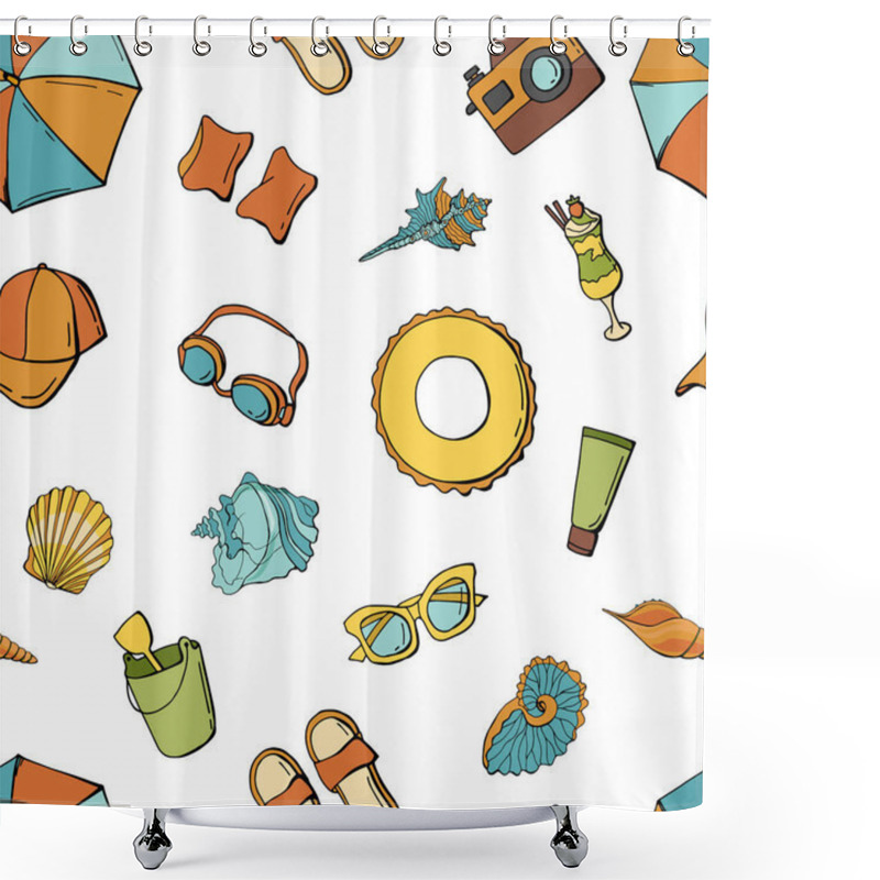 Personality  Baby Seamless Pattern Of Summer Icons. Beach Umbrella, Slippers, Sunglasses, Diving Goggles, Baseball Cap, Lifebuoy, Camera, Sunscreen, Seashells, Bucket With Paddle, Cocktail. Isolated White. Shower Curtains