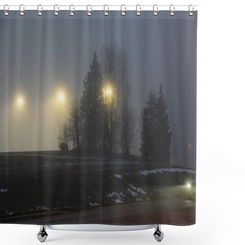 Personality  A Foggy Evening Scene Showcasing Glowing Streetlights Partially Obscured By Mist, With Silhouettes Of Trees Creating A Dramatic Contrast. A Car's Headlights Cut Through The Fog On A Quiet Road, While Patches Of Snow And Winter Grass Complete The Tran Shower Curtains