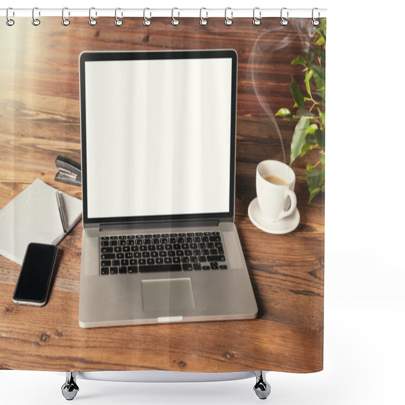 Personality  Modern Notebook Placed On Wooden Table Shower Curtains