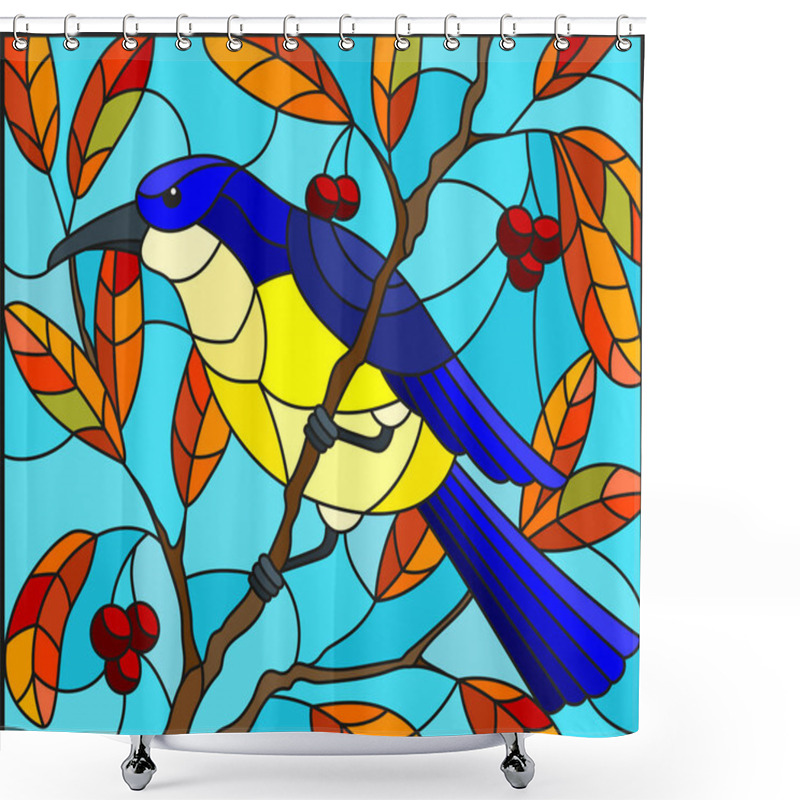 Personality  Illustration In The Style Of Stained Glass With A Beautiful Lue Bird  On A  Background Of Autumn Branch Of Tree And Sky Shower Curtains