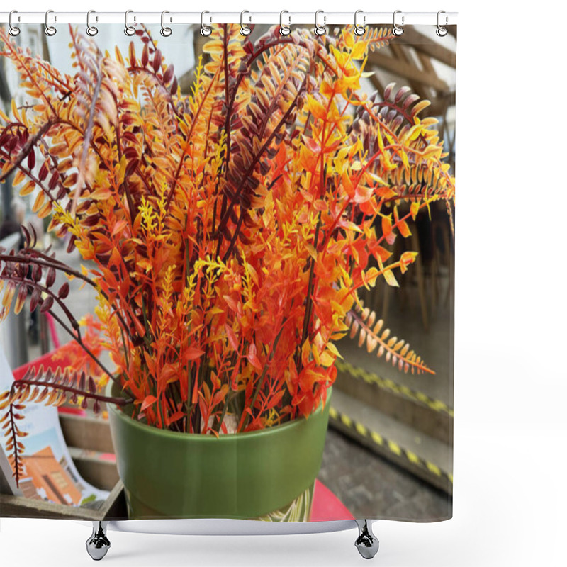 Personality  Vibrant Artificial Autumn Ferns In Green Pot On Outdoor Table. Shower Curtains