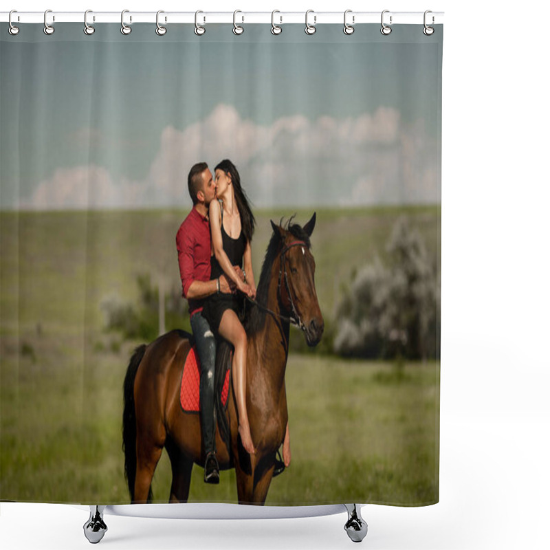 Personality  A Young Couple Is Riding A Horse And Kissing. Shower Curtains