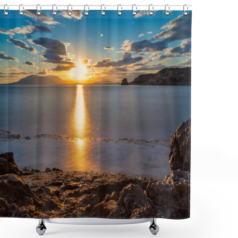 Personality  Serene Sunset Over The Malaga Coastline, With Golden Light Reflecting On The Sea, Rocky Foreground, And A Peaceful Horizon Under Vibrant Clouds. Shower Curtains