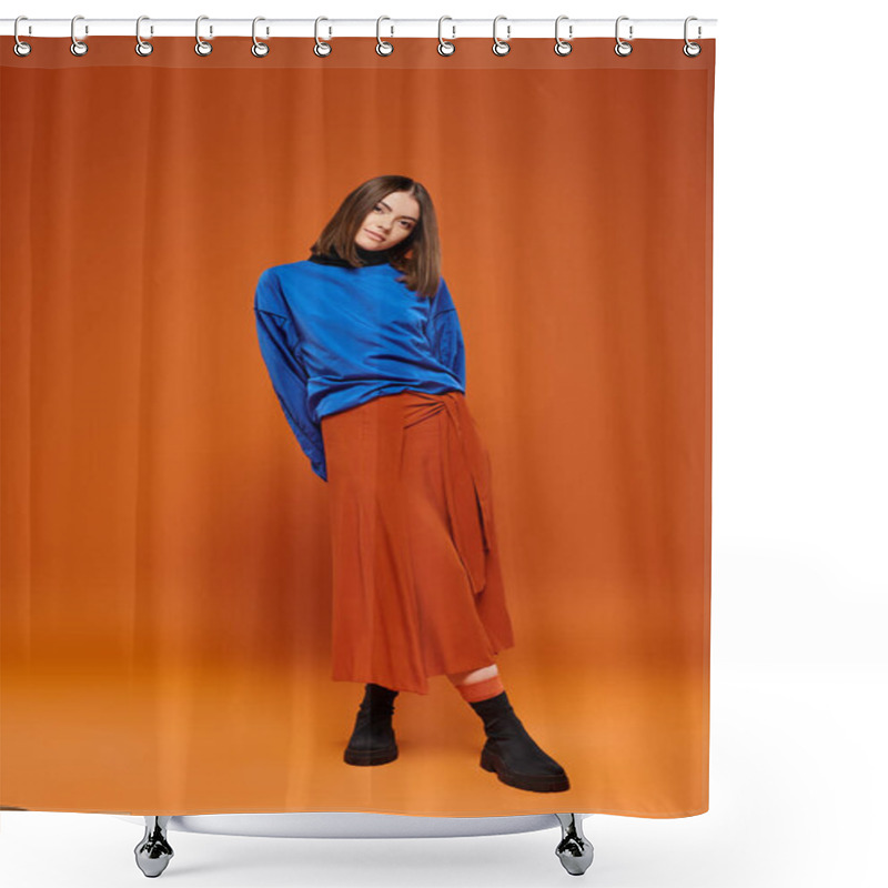 Personality  Autumn Season Attire, Beautiful Woman In Skirt And Blue Sweatshirt Standing On Orange Backdrop Shower Curtains