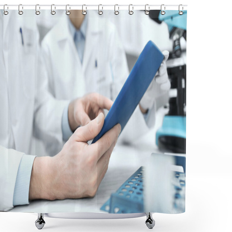 Personality  Close Up Of Scientists Hands With Tablet Pc In Lab Shower Curtains