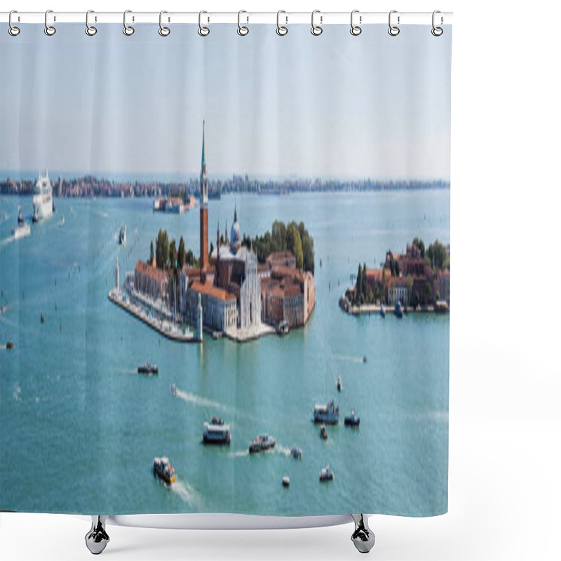 Personality  Panoramic Shot Of San Giorgio Maggiore Island And Vaporettos Floating On River In Venice, Italy  Shower Curtains