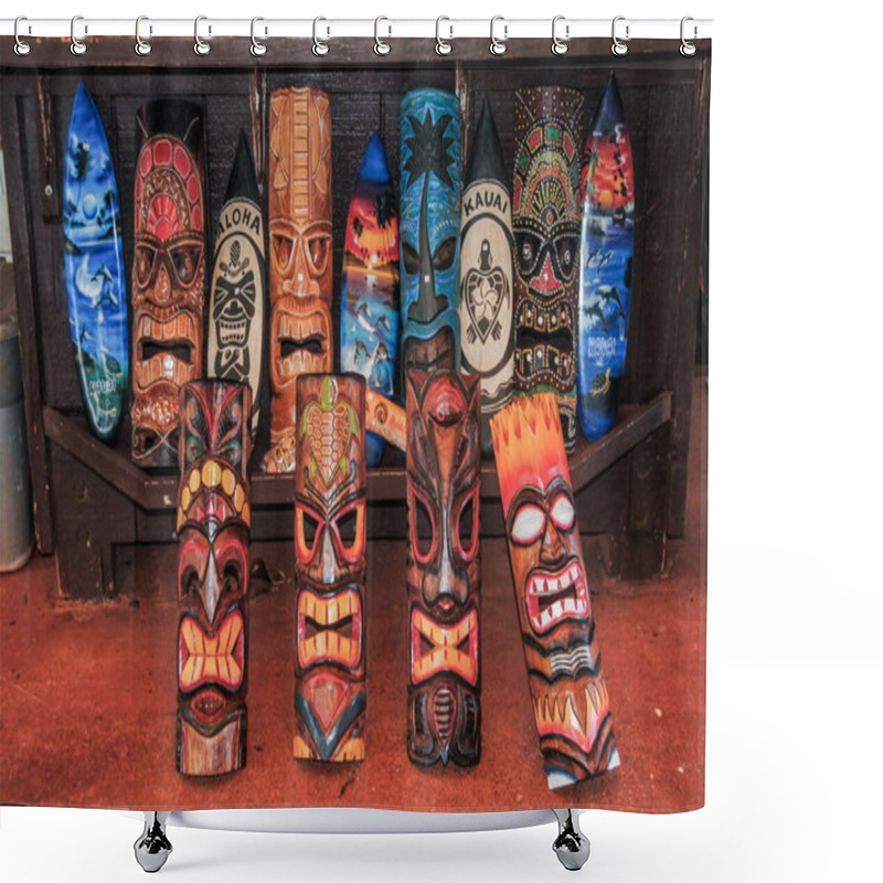 Personality  Hawaii, United States - February 19 2018: Tiki Masks And Surfboards Displayed In Hawaii Shower Curtains