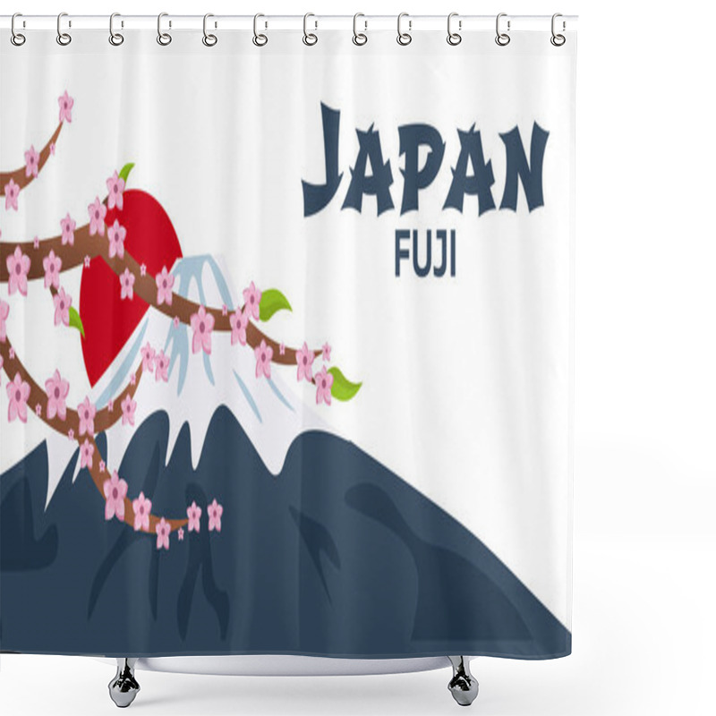 Personality  Poster Travel To Japan. Mountain. Sakura Japan Cherry Branch With Blooming Flowers Vector Illustration. Banner. Vector Illustration. Shower Curtains