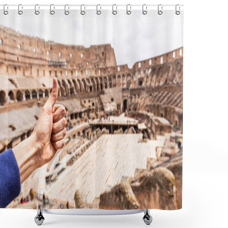 Personality  ROME, ITALY - JUNE 28, 2019: Partial View Of Man Showing Thumb Up In Front Of Colosseum Shower Curtains