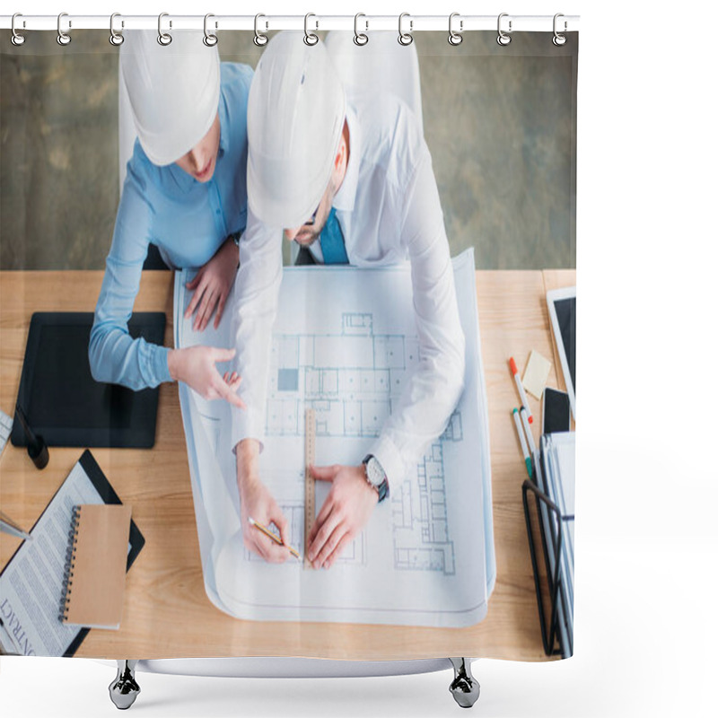 Personality  High Angle View Of Architects Working With Building Plan Together At Office Shower Curtains