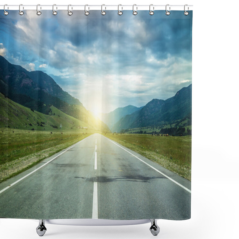 Personality  Road In Summer Mountains To The Sunset Shower Curtains