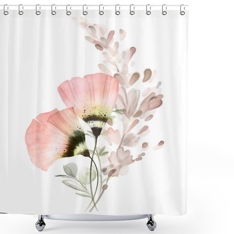 Personality  Watercolor Floral Composition. Bright Flowers In Modern Boho Style. Pastel Peach Colour Anemones With Dried Pampas Grass. Abstract Hand-painted Illustration. Shower Curtains