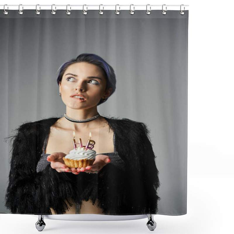 Personality  Young Woman Holding Cupcake With Lit Candle In Stylish Setting, Celebrating A Birthday. Shower Curtains