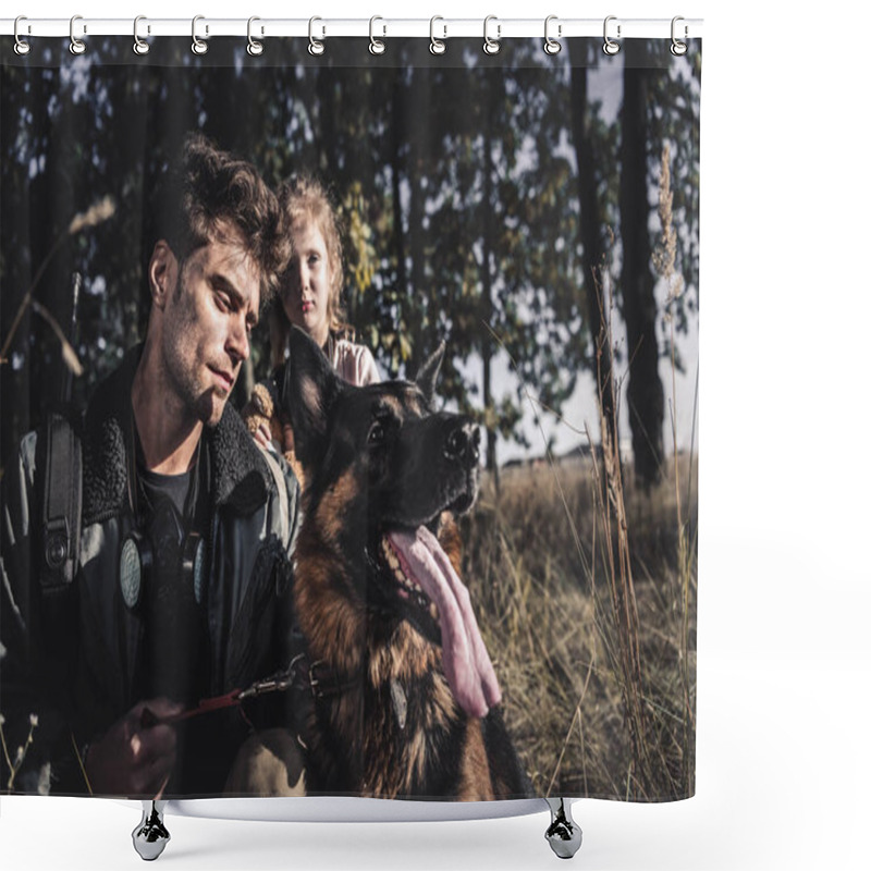 Personality  Selective Focus Of Handsome Man Holding Leash Of German Shepherd Dog Near Kid, Post Apocalyptic Concept Shower Curtains