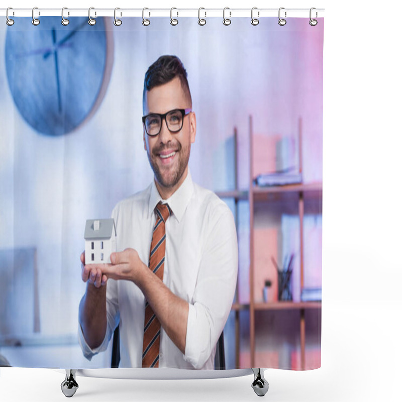 Personality  Cheerful Architect In Eyeglasses Holding House Model And Smiling At Camera Shower Curtains