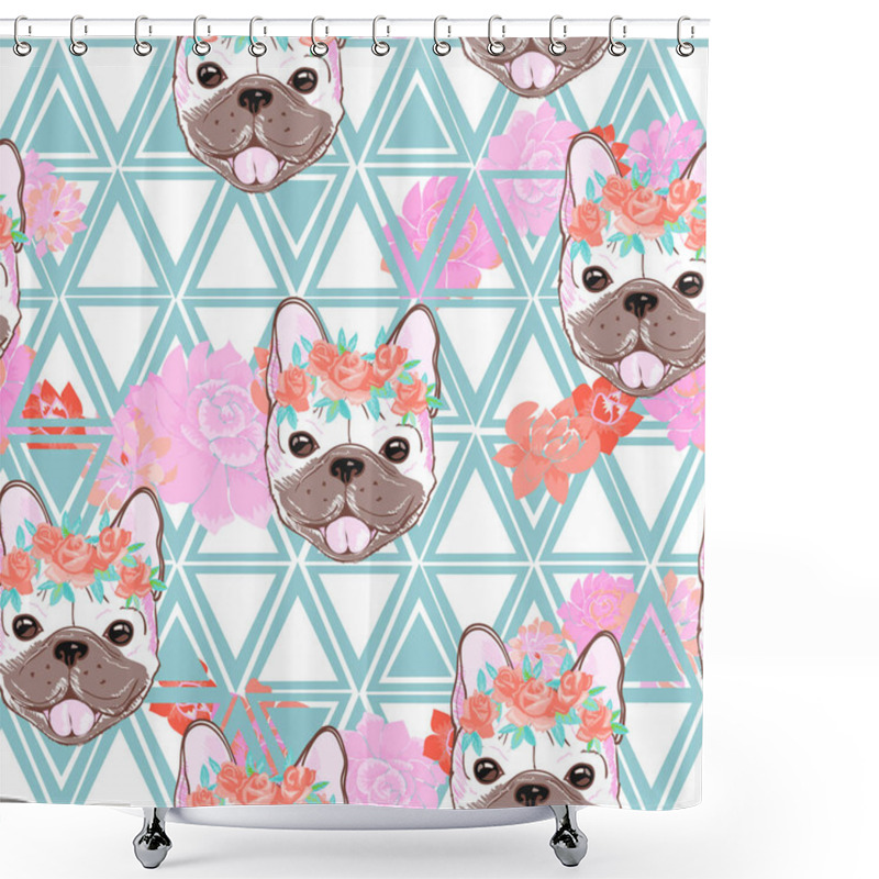 Personality  Bulldogs In Wreaths Seamless Pattern Shower Curtains