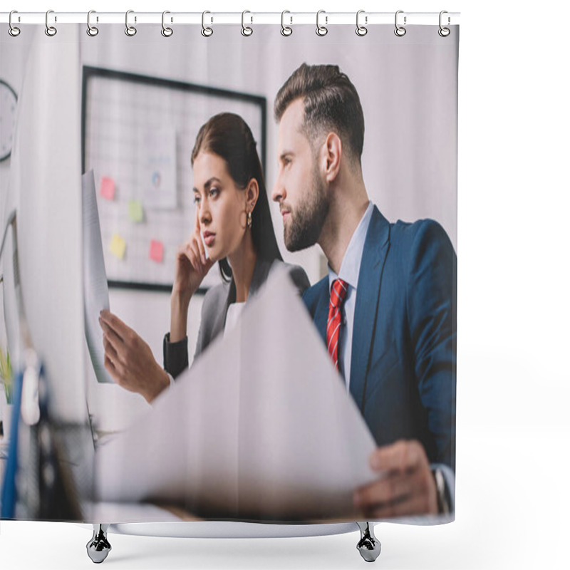 Personality  Selective Focus Of Computer Systems Analysts Looking At Papers Near Computer On Table Shower Curtains