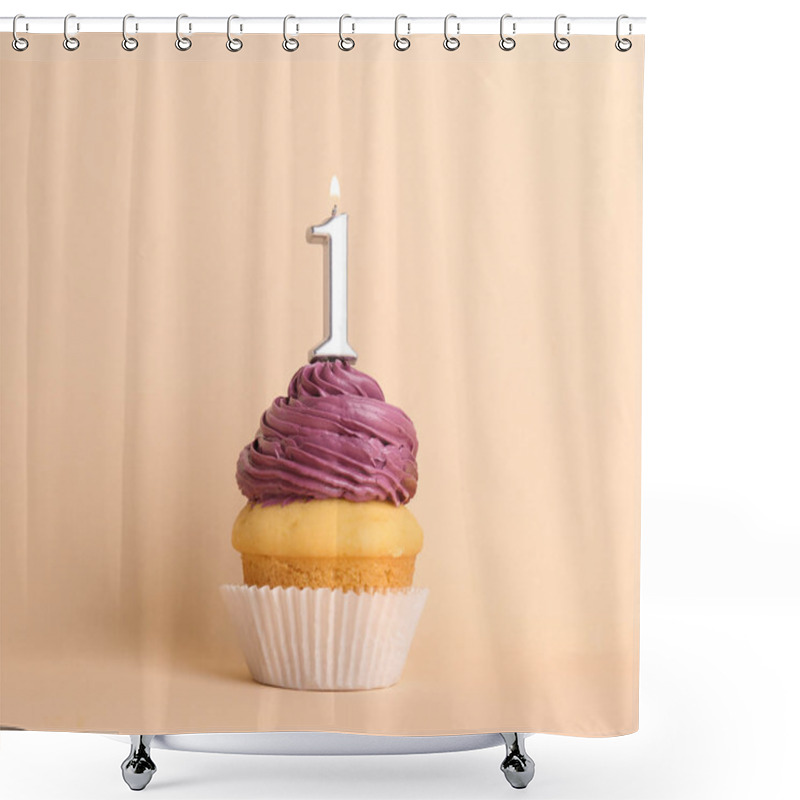 Personality  Birthday Cupcake With Number One Candle On Beige Background Shower Curtains