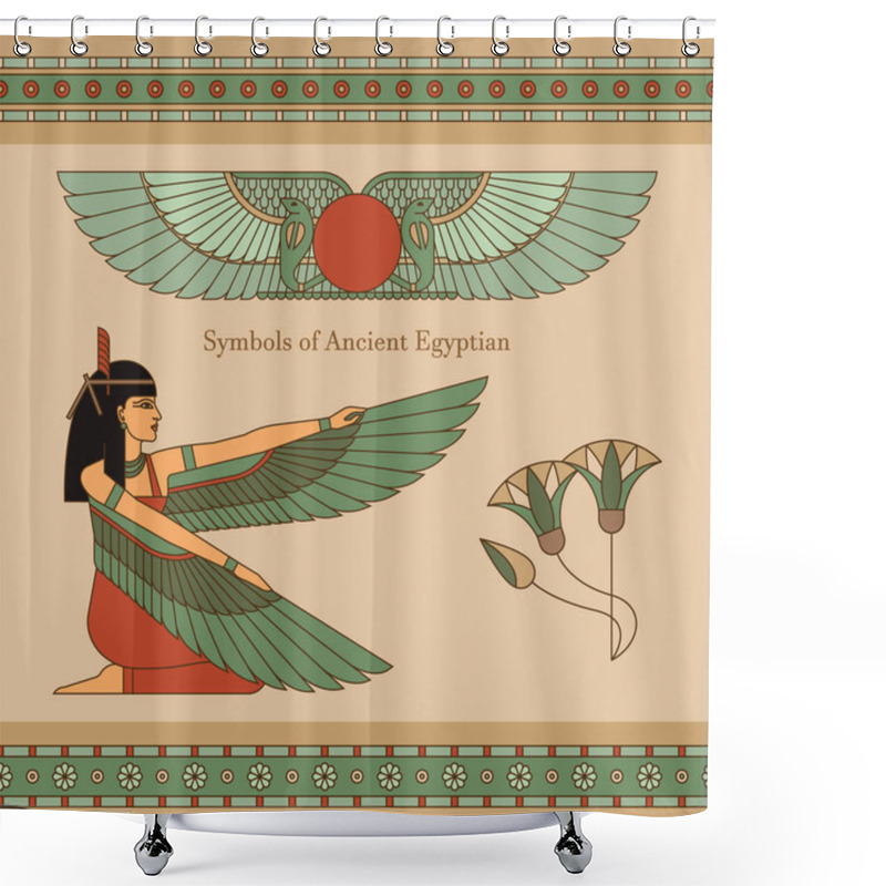 Personality  Symbols Of Ancient Egypt With An Illustration Of A Woman With Wings, Lotus And Other Symbols Shower Curtains