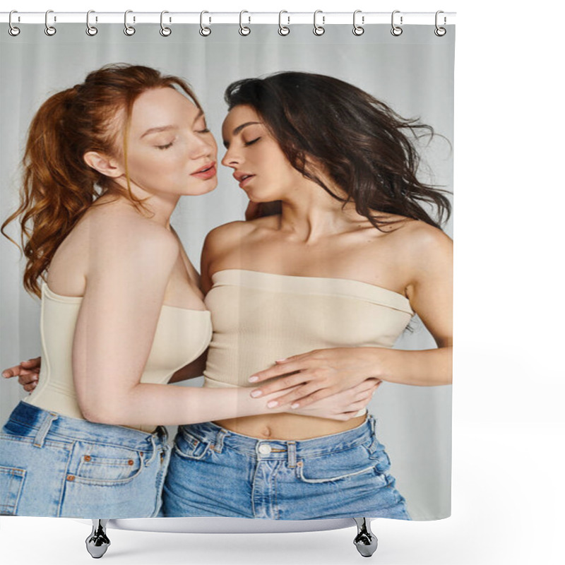 Personality  Two Women In Elegant Attire Hugging And Posing Happily For A Picture. Shower Curtains