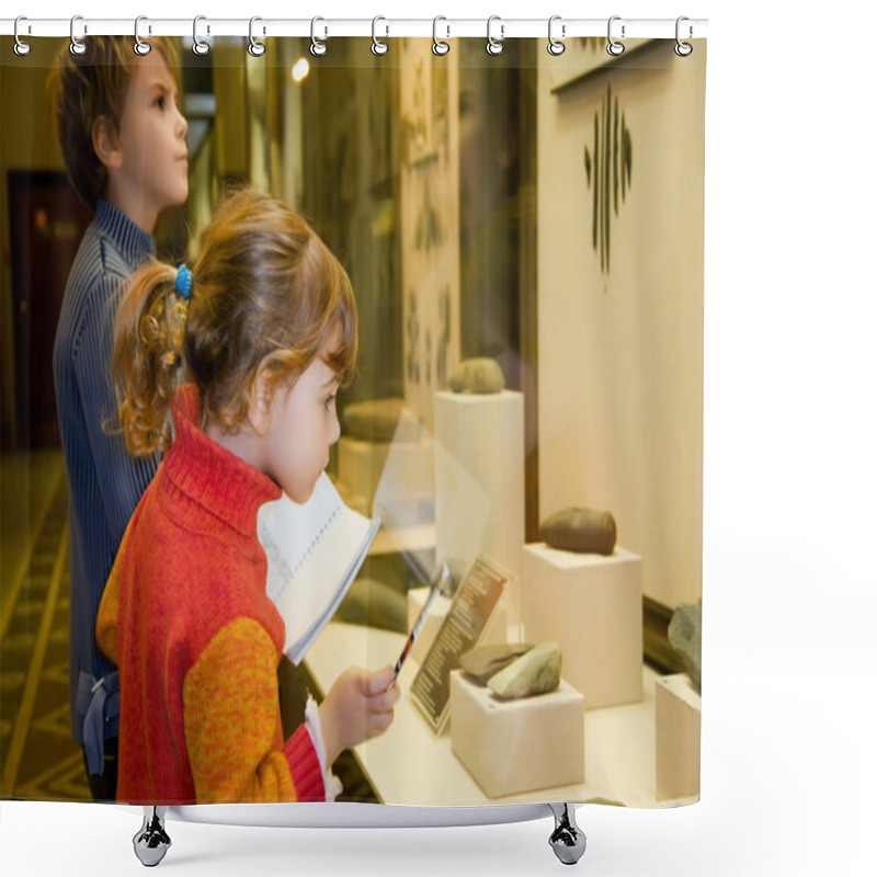 Personality  Boy And Little Girl At Excursion In Historical Museum Near Exhib Shower Curtains