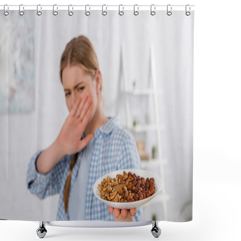 Personality  Plate With Nuts In Hand Of Woman With Allergy Showing Stop Gesture On Blurred Background  Shower Curtains