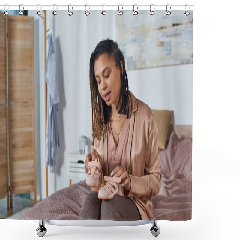 Personality  Excited African American Woman Holding Tiny Baby Shoes, Future Mother, Expectation, Awaiting Shower Curtains