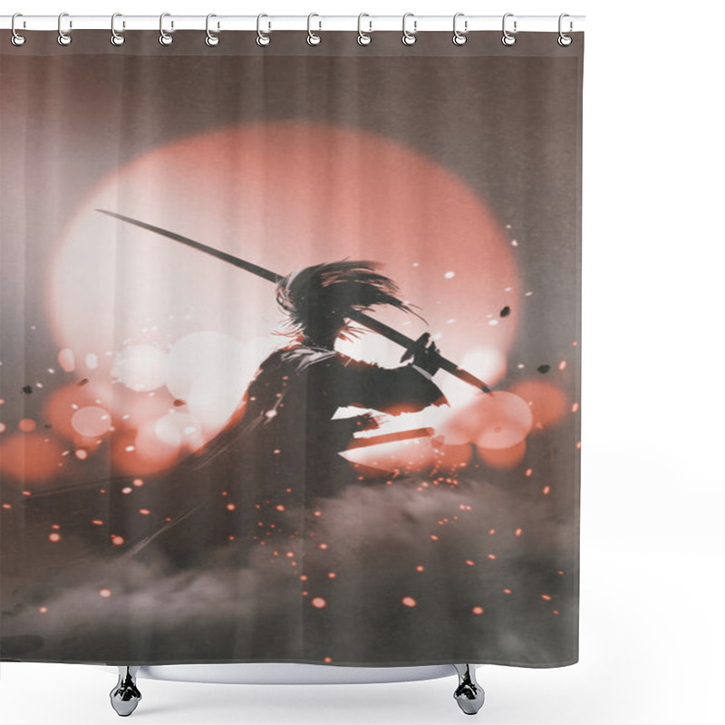 Personality  Samurai With Sword Standing On Sunset Background Shower Curtains