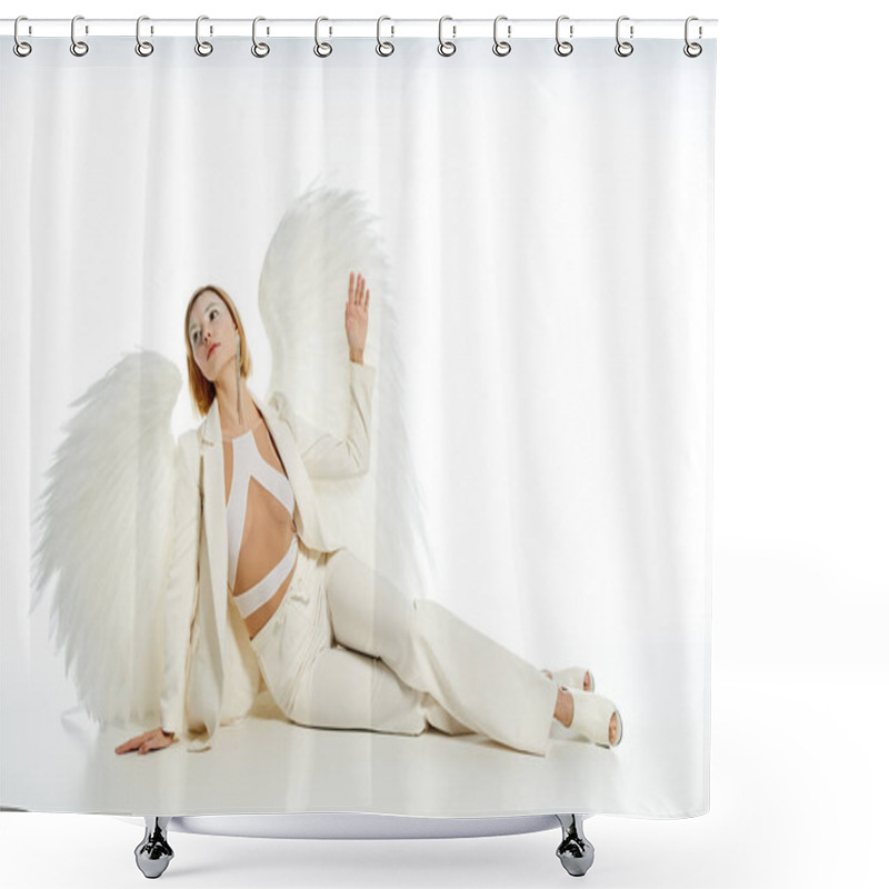 Personality  Full Length Of Charming Woman In Costume Of Heavenly Angel With Wings Sitting On White Backdrop Shower Curtains