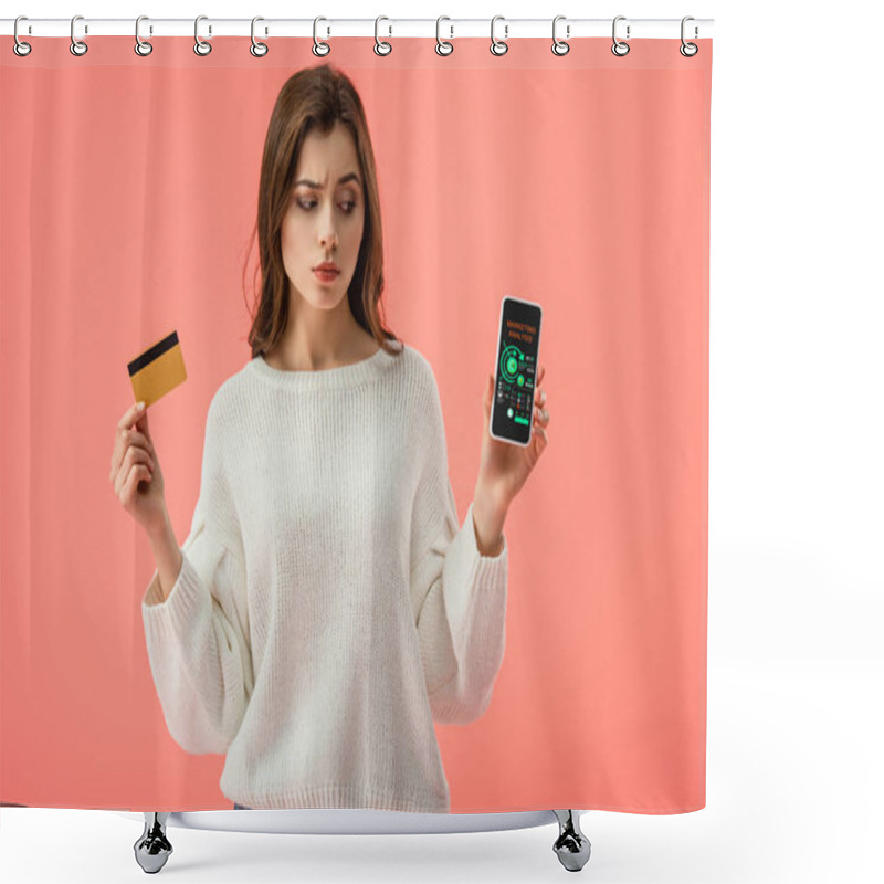 Personality  Attractive Brunette Girl Holding Credit Card While Looking At Smartphone With Marketing Analysis On Screen Isolated On Pink  Shower Curtains