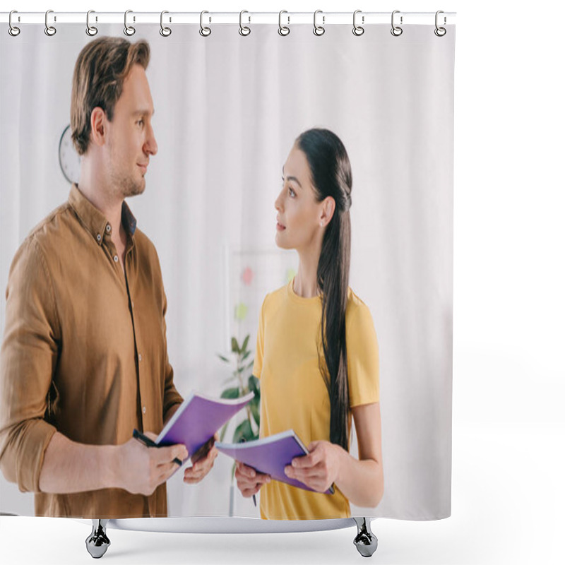 Personality  Business Colleagues With Notebooks Having Conversation After Business Training In Office Shower Curtains