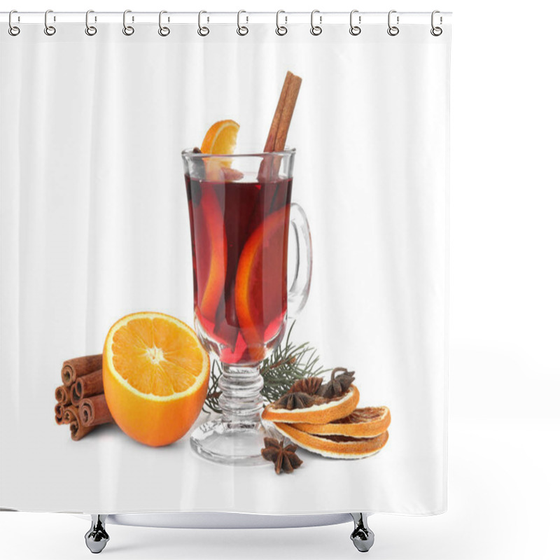 Personality  Composition With Glass Cup Of Mulled Wine, Cinnamon, Orange And Fir Branch On White Background Shower Curtains