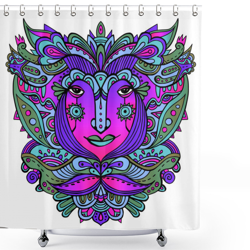 Personality  Colorful Ornate Face Of A Fairytale Princess. Hand-drawn Ethnic Ornate Godess. Tribal Boho Tattoo. Vector Illustration. Woman Face Surrounded By Flower Petals And Ornaments. Shower Curtains