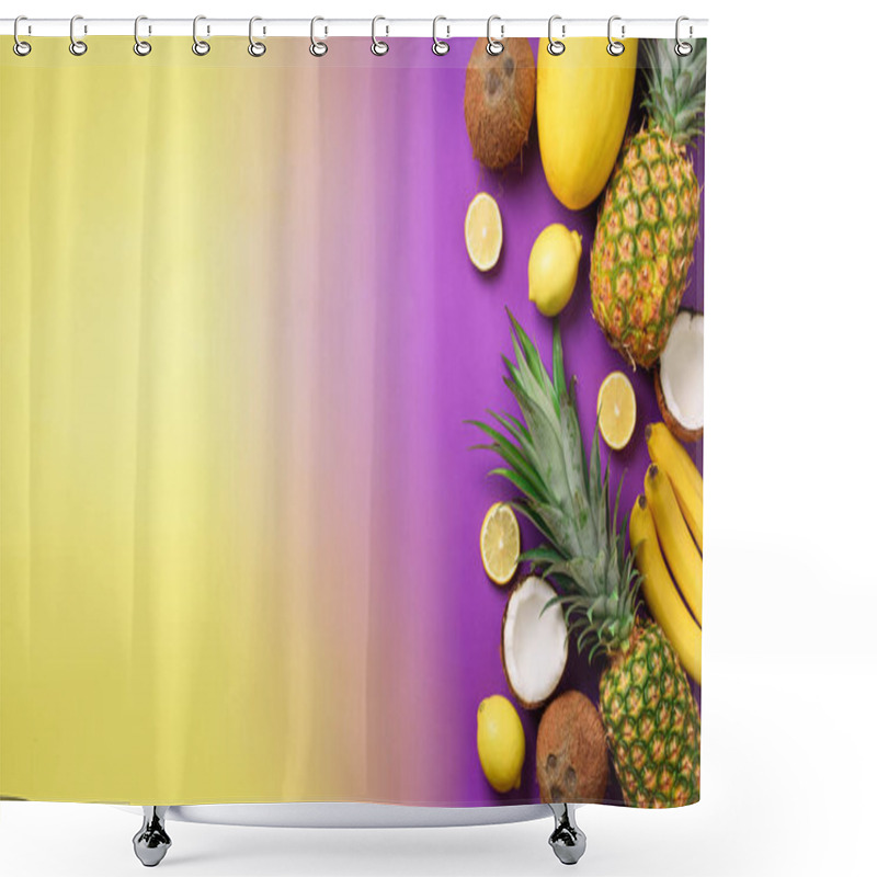 Personality  Exotic Pineapples, Coconuts, Banana, Melon, Lemon, Tropical Palm And Green Monstera Leaves On Yellow, Purple Background With Copyspace. Creative Layout. Monochrome Summer Concept. Flat Lay, Top View. Shower Curtains