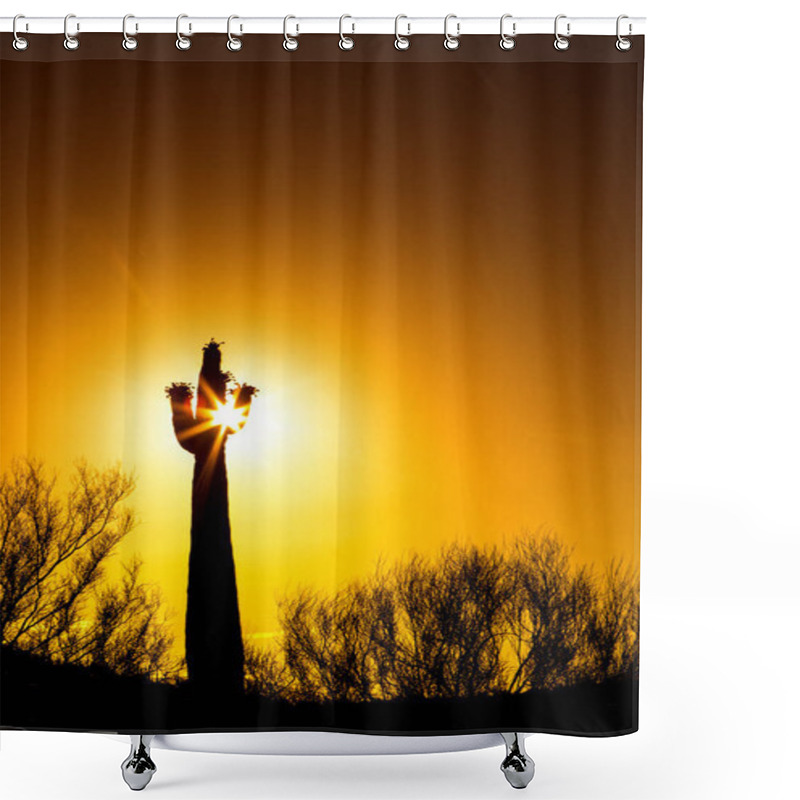 Personality  Silhouette Of Saguaro Cactus In Arizona Desert At Golden Sunrise Or Sunset With Copy Space In Vertical Layout  Shower Curtains