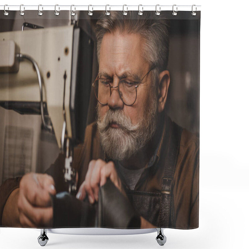 Personality  Senior, Bearded Cobbler Sewing Leather On Sewing Machine Shower Curtains