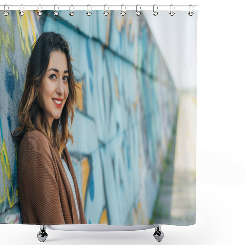 Personality  Selective Focus Of Cheerful Woman Smiling And Looking At Camera While Standing Near Wall With Graffiti  Shower Curtains